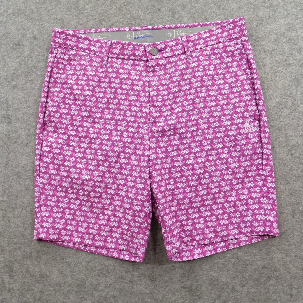 Penguin Golf Shorts Mens 32 Pink Floral Stretch Performance Flat Front Print AOP